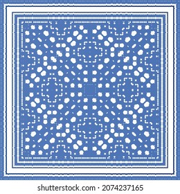Decorative color ceramic azulejo tiles. Geometric design. Vector seamless pattern frame. Blue folk ethnic ornament for print, web background, surface texture, towels, pillows, wallpaper.