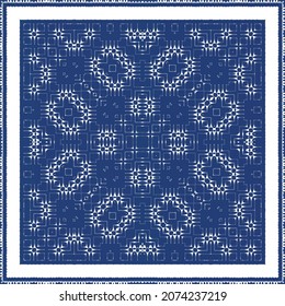 Decorative color ceramic azulejo tiles. Vector seamless pattern arabesque. Kitchen design. Blue folk ethnic ornament for print, web background, surface texture, towels, pillows, wallpaper.