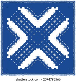 Decorative color ceramic azulejo tiles. Minimal design. Vector seamless pattern illustration. Blue folk ethnic ornament for print, web background, surface texture, towels, pillows, wallpaper.