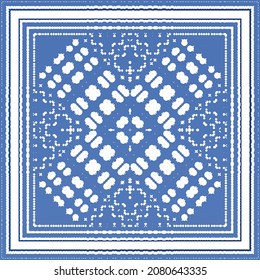 Decorative color ceramic azulejo tiles. Geometric design. Vector seamless pattern frame. Blue folk ethnic ornament for print, web background, surface texture, towels, pillows, wallpaper.