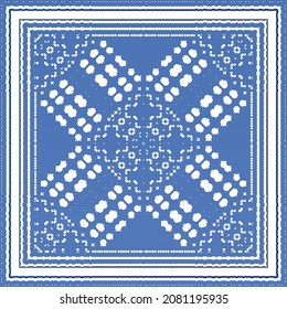 Decorative color ceramic azulejo tiles. Geometric design. Vector seamless pattern frame. Blue folk ethnic ornament for print, web background, surface texture, towels, pillows, wallpaper.