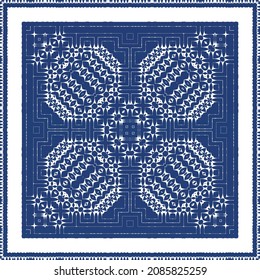 Decorative color ceramic azulejo tiles. Vector seamless pattern arabesque. Kitchen design. Blue folk ethnic ornament for print, web background, surface texture, towels, pillows, wallpaper.
