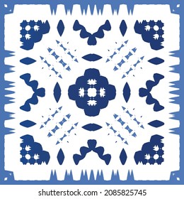 Decorative color ceramic azulejo tiles. Minimal design. Vector seamless pattern elements. Blue folk ethnic ornament for print, web background, surface texture, towels, pillows, wallpaper.