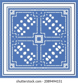 Decorative color ceramic azulejo tiles. Geometric design. Vector seamless pattern frame. Blue folk ethnic ornament for print, web background, surface texture, towels, pillows, wallpaper.