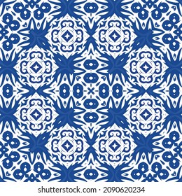 Decorative color ceramic azulejo tiles. Vector seamless pattern trellis. Original design. Blue folk ethnic ornament for print, web background, surface texture, towels, pillows, wallpaper.