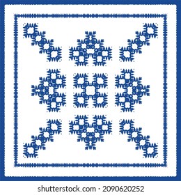 Decorative color ceramic azulejo tiles. Minimal design. Vector seamless pattern illustration. Blue folk ethnic ornament for print, web background, surface texture, towels, pillows, wallpaper.