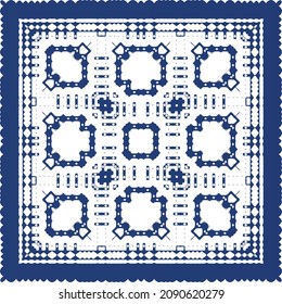 Decorative color ceramic azulejo tiles. Vector seamless pattern concept. Hand drawn design. Blue folk ethnic ornament for print, web background, surface texture, towels, pillows, wallpaper.