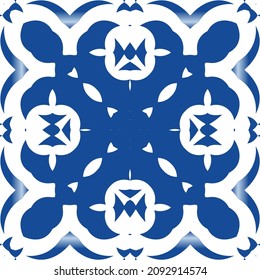 Decorative color ceramic azulejo tiles. Vector seamless pattern theme. Kitchen design. Blue folk ethnic ornament for print, web background, surface texture, towels, pillows, wallpaper.