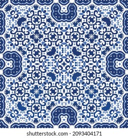 Decorative color ceramic azulejo tiles. Vector seamless pattern poster. Minimal design. Blue folk ethnic ornament for print, web background, surface texture, towels, pillows, wallpaper.