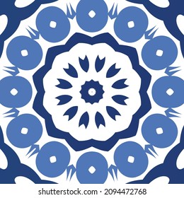 Decorative color ceramic azulejo tiles. Universal design. Vector seamless pattern collage. Blue folk ethnic ornament for print, web background, surface texture, towels, pillows, wallpaper.