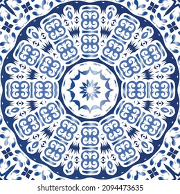 Decorative color ceramic azulejo tiles. Vector seamless pattern illustration. Kitchen design. Blue folk ethnic ornament for print, web background, surface texture, towels, pillows, wallpaper.