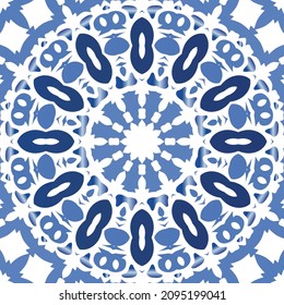 Decorative color ceramic azulejo tiles. Universal design. Vector seamless pattern collage. Blue folk ethnic ornament for print, web background, surface texture, towels, pillows, wallpaper.