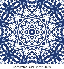Decorative color ceramic azulejo tiles. Vector seamless pattern trellis. Fashionable design. Blue folk ethnic ornament for print, web background, surface texture, towels, pillows, wallpaper.