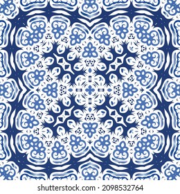 Decorative color ceramic azulejo tiles. Vector seamless pattern illustration. Kitchen design. Blue folk ethnic ornament for print, web background, surface texture, towels, pillows, wallpaper.