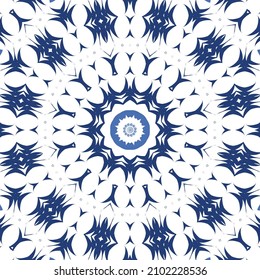 Decorative color ceramic azulejo tiles. Vector seamless pattern illustration. Kitchen design. Blue folk ethnic ornament for print, web background, surface texture, towels, pillows, wallpaper.