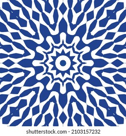 Decorative color ceramic azulejo tiles. Bathroom design. Vector seamless pattern illustration. Blue folk ethnic ornament for print, web background, surface texture, towels, pillows, wallpaper.