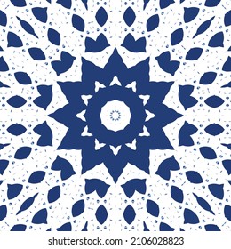 Decorative color ceramic azulejo tiles. Universal design. Vector seamless pattern collage. Blue folk ethnic ornament for print, web background, surface texture, towels, pillows, wallpaper.
