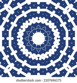 Decorative color ceramic azulejo tiles. Vector seamless pattern illustration. Kitchen design. Blue folk ethnic ornament for print, web background, surface texture, towels, pillows, wallpaper.