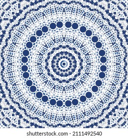 Decorative color ceramic azulejo tiles. Vector seamless pattern illustration. Kitchen design. Blue folk ethnic ornament for print, web background, surface texture, towels, pillows, wallpaper.