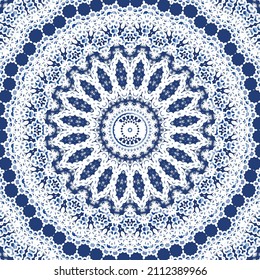 Decorative color ceramic azulejo tiles. Vector seamless pattern illustration. Kitchen design. Blue folk ethnic ornament for print, web background, surface texture, towels, pillows, wallpaper.