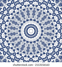 Decorative color ceramic azulejo tiles. Creative design. Vector seamless pattern trellis. Blue folk ethnic ornament for print, web background, surface texture, towels, pillows, wallpaper.