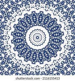 Decorative color ceramic azulejo tiles. Vector seamless pattern trellis. Fashionable design. Blue folk ethnic ornament for print, web background, surface texture, towels, pillows, wallpaper.
