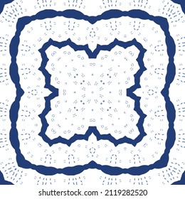 Decorative color ceramic azulejo tiles. Universal design. Vector seamless pattern collage. Blue folk ethnic ornament for print, web background, surface texture, towels, pillows, wallpaper.