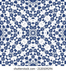 Decorative color ceramic azulejo tiles. Creative design. Vector seamless pattern trellis. Blue folk ethnic ornament for print, web background, surface texture, towels, pillows, wallpaper.