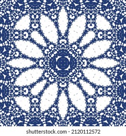 Decorative color ceramic azulejo tiles. Vector seamless pattern trellis. Fashionable design. Blue folk ethnic ornament for print, web background, surface texture, towels, pillows, wallpaper.