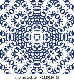 Decorative color ceramic azulejo tiles. Creative design. Vector seamless pattern trellis. Blue folk ethnic ornament for print, web background, surface texture, towels, pillows, wallpaper.