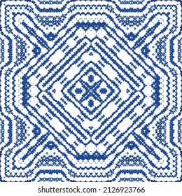 Decorative color ceramic azulejo tiles. Vector seamless pattern collage. Universal design. Blue folk ethnic ornament for print, web background, surface texture, towels, pillows, wallpaper.