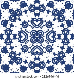 Decorative color ceramic azulejo tiles. Creative design. Vector seamless pattern trellis. Blue folk ethnic ornament for print, web background, surface texture, towels, pillows, wallpaper.