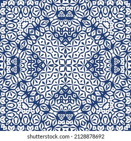 Decorative color ceramic azulejo tiles. Creative design. Vector seamless pattern trellis. Blue folk ethnic ornament for print, web background, surface texture, towels, pillows, wallpaper.