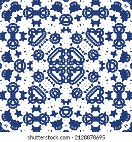 Decorative color ceramic azulejo tiles. Creative design. Vector seamless pattern trellis. Blue folk ethnic ornament for print, web background, surface texture, towels, pillows, wallpaper.