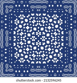 Decorative color ceramic azulejo tiles. Vector seamless pattern trellis. Fashionable design. Blue folk ethnic ornament for print, web background, surface texture, towels, pillows, wallpaper.