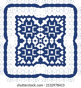 Decorative color ceramic azulejo tiles. Universal design. Vector seamless pattern collage. Blue folk ethnic ornament for print, web background, surface texture, towels, pillows, wallpaper.