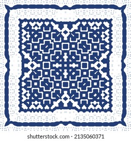 Decorative color ceramic azulejo tiles. Universal design. Vector seamless pattern collage. Blue folk ethnic ornament for print, web background, surface texture, towels, pillows, wallpaper.