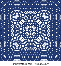 Decorative color ceramic azulejo tiles. Vector seamless pattern trellis. Fashionable design. Blue folk ethnic ornament for print, web background, surface texture, towels, pillows, wallpaper.