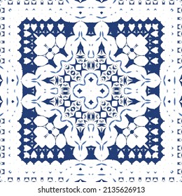 Decorative color ceramic azulejo tiles. Vector seamless pattern illustration. Kitchen design. Blue folk ethnic ornament for print, web background, surface texture, towels, pillows, wallpaper.