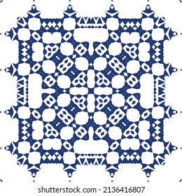 Decorative color ceramic azulejo tiles. Vector seamless pattern trellis. Fashionable design. Blue folk ethnic ornament for print, web background, surface texture, towels, pillows, wallpaper.