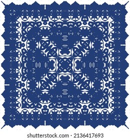 Decorative color ceramic azulejo tiles. Vector seamless pattern illustration. Kitchen design. Blue folk ethnic ornament for print, web background, surface texture, towels, pillows, wallpaper.