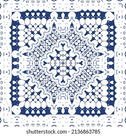 Decorative color ceramic azulejo tiles. Vector seamless pattern illustration. Kitchen design. Blue folk ethnic ornament for print, web background, surface texture, towels, pillows, wallpaper.