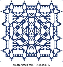 Decorative color ceramic azulejo tiles. Vector seamless pattern trellis. Fashionable design. Blue folk ethnic ornament for print, web background, surface texture, towels, pillows, wallpaper.
