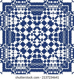 Decorative color ceramic azulejo tiles. Vector seamless pattern trellis. Fashionable design. Blue folk ethnic ornament for print, web background, surface texture, towels, pillows, wallpaper.