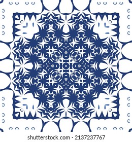 Decorative color ceramic azulejo tiles. Vector seamless pattern illustration. Kitchen design. Blue folk ethnic ornament for print, web background, surface texture, towels, pillows, wallpaper.