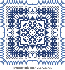 Decorative color ceramic azulejo tiles. Vector seamless pattern illustration. Kitchen design. Blue folk ethnic ornament for print, web background, surface texture, towels, pillows, wallpaper.