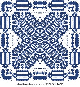 Decorative color ceramic azulejo tiles. Creative design. Vector seamless pattern trellis. Blue folk ethnic ornament for print, web background, surface texture, towels, pillows, wallpaper.