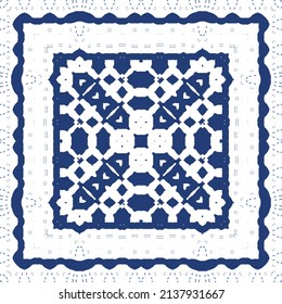 Decorative color ceramic azulejo tiles. Universal design. Vector seamless pattern collage. Blue folk ethnic ornament for print, web background, surface texture, towels, pillows, wallpaper.