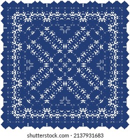 Decorative color ceramic azulejo tiles. Vector seamless pattern illustration. Kitchen design. Blue folk ethnic ornament for print, web background, surface texture, towels, pillows, wallpaper.