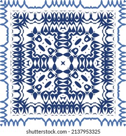 Decorative color ceramic azulejo tiles. Vector seamless pattern illustration. Kitchen design. Blue folk ethnic ornament for print, web background, surface texture, towels, pillows, wallpaper.